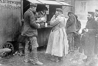 Soldiers at a coffee wagon in Lotzen, East Prussia, (now Gizycko, Poland) during World War I ca. 1910-1915