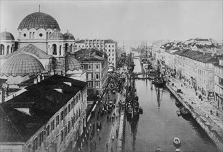 Grand Canal in Trieste, Italy with the Serbian Orthodox Church of the Holy Trinity and St. Spyridon on the left ca. 1915