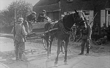 Belgian men in a horse-drawn cart, showing a pass to German soldiers during World War I ca. 1914-1915