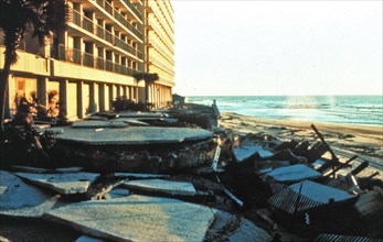 Exterior damage to the Holiday Inn at Myrtle Beach, South Carolina after passage of Hurricane Hugo ca. September 1989