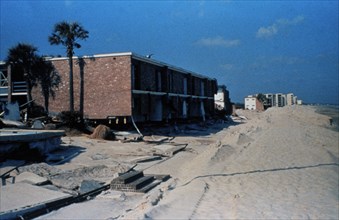 A motel on the beach at Garden City, South Carolina after passage of Hurricane Hugo ca. September 1989