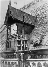 Roof of Notre Dame cathedral in Paris, France, after it was struck by a German bomb in October of 1914 during World War I ca. 1914