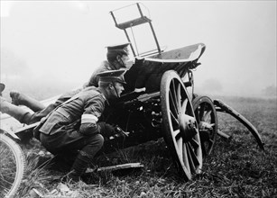 British military messengers (despatch riders) with vehicle during World War I ca. October 1914