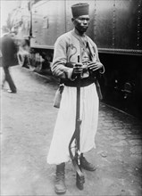 A tirailleur, an infantry man in uniform from an army from French Equatorial Africa, possibly Senegal, preparing to assist France during World War I ca. October 1914