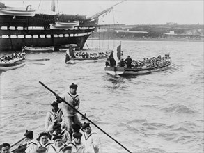 French forces in small boats next to a larger ship, possibly at the beginning of World War I ca. 1914-1915
