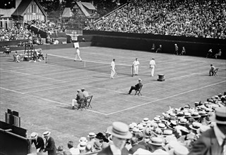 Davis Cup Match between the American team (Maurice E. McLoughlin and Thomas A. Bundy) and the Australian team (Anthony F. Wilding and Norman E. Brookes) at the West Side Tennis Club, Forest Hills ca. ...