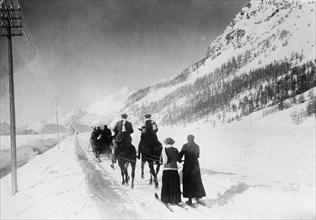 Switzerland - People following a horse on skis ca. 1910-1915