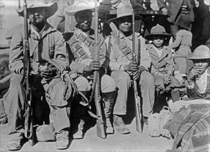 Soldiers under the command of General Francisco 'Pancho' Villa (1877-1923) during the Mexican Revolution, probably at Gomez Palacio, Durango State, Mexico ca. March 1914