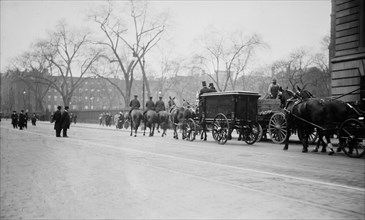 Hearse carrying body of financier John Pierpont Morgan (1837-1913), during funeral which took place on April 14, 1913 in New York City