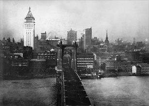 Cincinnati suspension bridge from the Kentucky side looking down on the flooded Ohio River and downtown Cincinnati in 1913