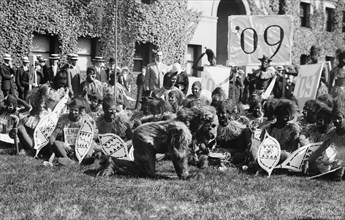 Columbia University students dress up as Zulu warriors (original caption identifies the students as Zulu savages) ca. 1910-1915