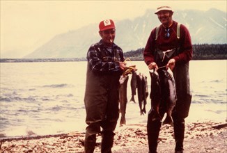 August 1975 - Fishermen with their catch, Katmai National Monument, Alaska