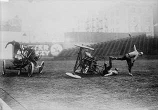 Photo shows a staged scene from a real sport called auto polo, at Hilltop Park, New Yorkca. 1910-1915