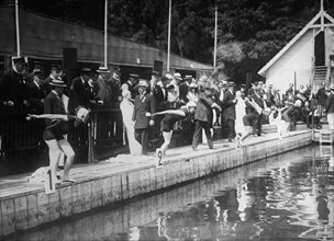 Swimmers at the start of a 400m race in Hamburg Germany ca. 1910-1915