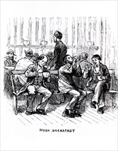 Itinerants eating the free mush breakfast ca. 1800s