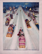 Advertisement for Star toboggans, showing people sledding at night ca. 1877