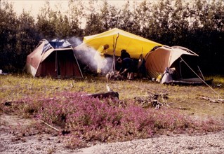 Alaska Camping - N Fork of the Koyukuk River fireweed blooming in foreground 7/21/1973