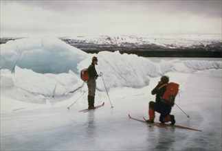 March 1976 - Skiing on Brooks Lake - pressure ridge near lake shore, Katmai National Monument, Alaska