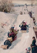 Winter scene of people Tobogganing ca. 1886
