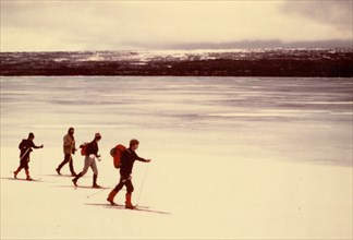 March 1976 - Skiing along the shore of Naknek Lake, Katmai National Monument, Alaska