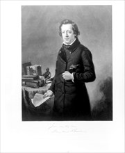 Henry Ward Beecher, three-quarter length portrait, standing next to table, facing front, holding paper in right hand ca. 1853