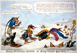 Boney hatching a bulletin or snug winter quarters!!! ca. 1812 - Artist: George Cruikshank