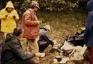 Camp scene (breakfast) on Wild & Scenic rivers study trip July 1973
