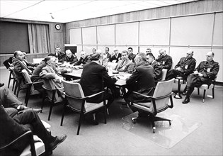In this picture, negotiations are under way between officials of the Army Ballistic Missile Agency (ABMA) and the National Aeronautics and Space Administration (NASA) on August 11, 1959.