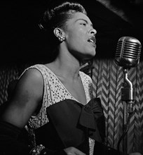 Billie Holiday at the Downbeat club, a jazz club in New York City. Date circa February 1947