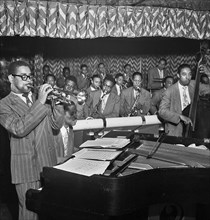 Portrait of Dizzy Gillespie, John Lewis, Cecil Payne, Miles Davis, and Ray Brown, Downbeat, New York, N.Y., between 1946 and 1948