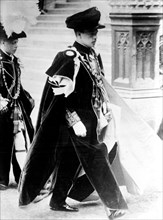 Photo shows King Manuel II of Portugal at St. George's Chapel, Windsor Castle, England, when the Prince of Wales was invested with the Order of the Garter on June 10, 1911.
