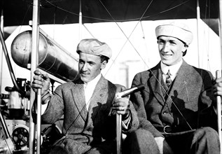 Photo shows aviators Arthur L. 'Al' Welsh (1881-1912) and George William Beatty (1887-1955) probably when Welsh was training Beatty at the Wright Flying School on Long Island in 1911.