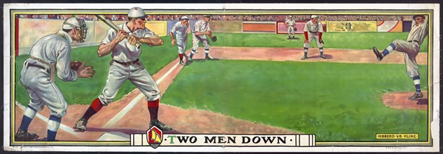 1909 Baseball Chromolithograph - Print shows a baseball game in progress, view from the first-base side of home plate, with the pitcher about to throw the ball to a batter, and a baserunner leading of...