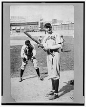 Arthur Solly Hofman batting and Jack Pfiester, a pitcher playing catcher, Chicago NL, (baseball) 1907