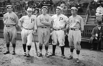 Baseball players Duffy Lewis, Dutch Leonard, & Harry Hooper of Boston AL; Ed Burns & Gavvy Cravath of Philadelphia NL ca. 1915