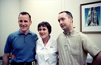 Gemini-4 prime crew, astronauts Edward H. White II (left), and James A. McDivitt are shown with Nurse Lt. Dolores (Dee) O'Hare