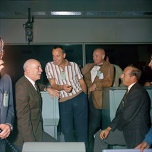 (15 Nov. 1966) Dr. Robert R. Gilruth (right), with astronauts, from the left, Charles Conrad Jr., John H. Glenn Jr. and Alan B. Shepard Jr. in Houston's Mission Control Center during the Gemini-12 mis...