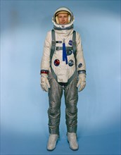 (May 1966) Test subject Fred Spross, Crew Systems Division, wears the Gemini-9 configured extravehicular spacesuit assembly.