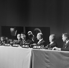 (3 Jan. 1966) View of the Gemini 6 and 7 press conference. From right to left are NASA Administrator James E. Webb; MSC Deputy Director George M. Low; and astronauts James A. Lovell Jr., Frank Borman,...