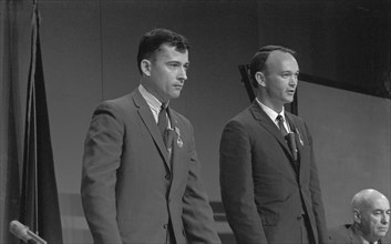 (1 Aug. 1966) Astronaut John W. Young (left), command pilot, and Michael Collins, pilot, the prime crew of the Gemini-10 spaceflight.