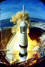 (16 July 1969) The huge, 363-feet tall Apollo 11 (Spacecraft 107Lunar Module SSaturn 506) space vehicle is launched from Pad A
