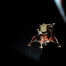 (20 July 1969) The Apollo 11 Lunar Module (LM), in a lunar landing configuration, is photographed in lunar orbit from the Command and Service Modules (CSM).