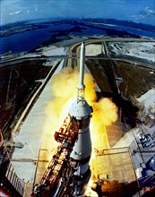 (16 July 1969) The huge, 363-feet tall Apollo 11 (Spacecraft 107Lunar Module 5Saturn 506) space vehicle is launched from Pad A