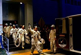 (16 July 1969) The crewmen of the Apollo 11 lunar landing mission leave the Kennedy Space Center's (KSC) Manned Spacecraft Operations Building (MSOB) during the prelaunch countdown
