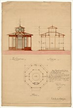 Architectural drawing showing elevation, cross section, and plan for a hirondellier militair, a military aviary for swallows used as messenger birds ca 1889