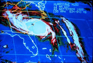 Enhanced infrared imagery of Hurricane Hugo morning of September 18, 1989. The eye is over the coast near Charleston, South Carolina