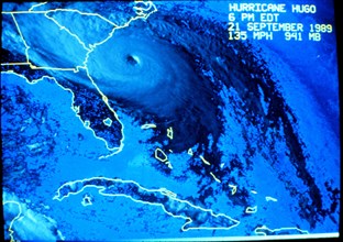 Visible spectra satellite image of Hurricane Hugo on September 21, 1989