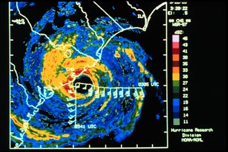 Digitized Charleston WSR-57 radar image of Hurricane Hugo with superimposed winds ca. 1989