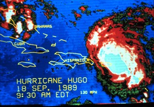Enhanced infrared imagery of Hurricane Hugo morning of September 18, 1989