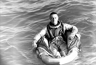 (1961) Astronaut Virgil I. (Gus) Grissom, pilot of the Mercury-Redstone 4 spaceflight, sits in a life raft during water egress training activies.